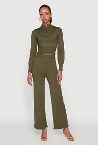 Womens Mock Neck Half Zip Long Sleeve Cropped Sweater, Green, Size L