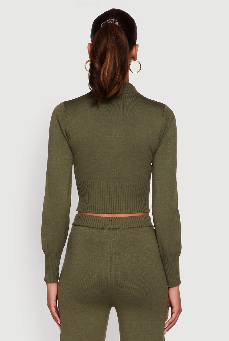 Womens Mock Neck Half Zip Long Sleeve Cropped Sweater, Green, Size L