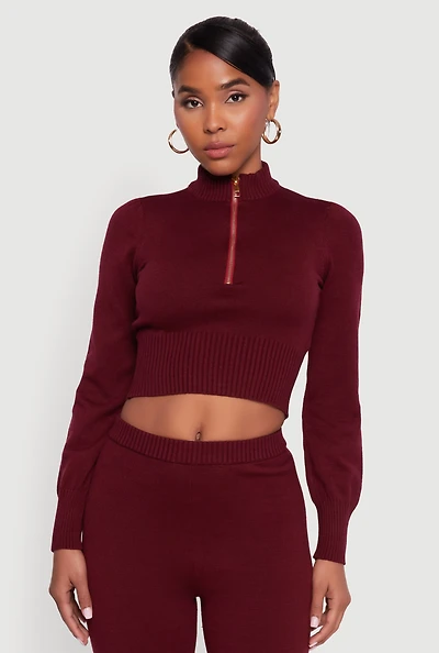 Womens Mock Neck Half Zip Long Sleeve Cropped Sweater, Burgundy, Size L