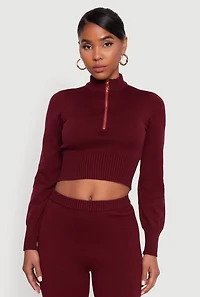 Womens Mock Neck Half Zip Long Sleeve Cropped Sweater, Burgundy, Size L