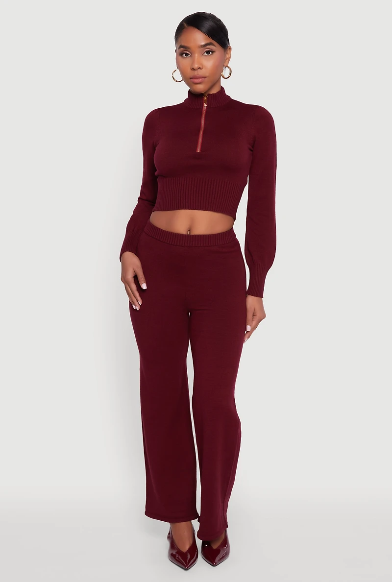 Womens Mock Neck Half Zip Long Sleeve Cropped Sweater, Burgundy, Size L