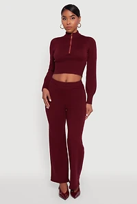 Womens Mock Neck Half Zip Long Sleeve Cropped Sweater, Burgundy, Size L