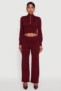 Womens Mock Neck Half Zip Long Sleeve Cropped Sweater, Burgundy, Size L