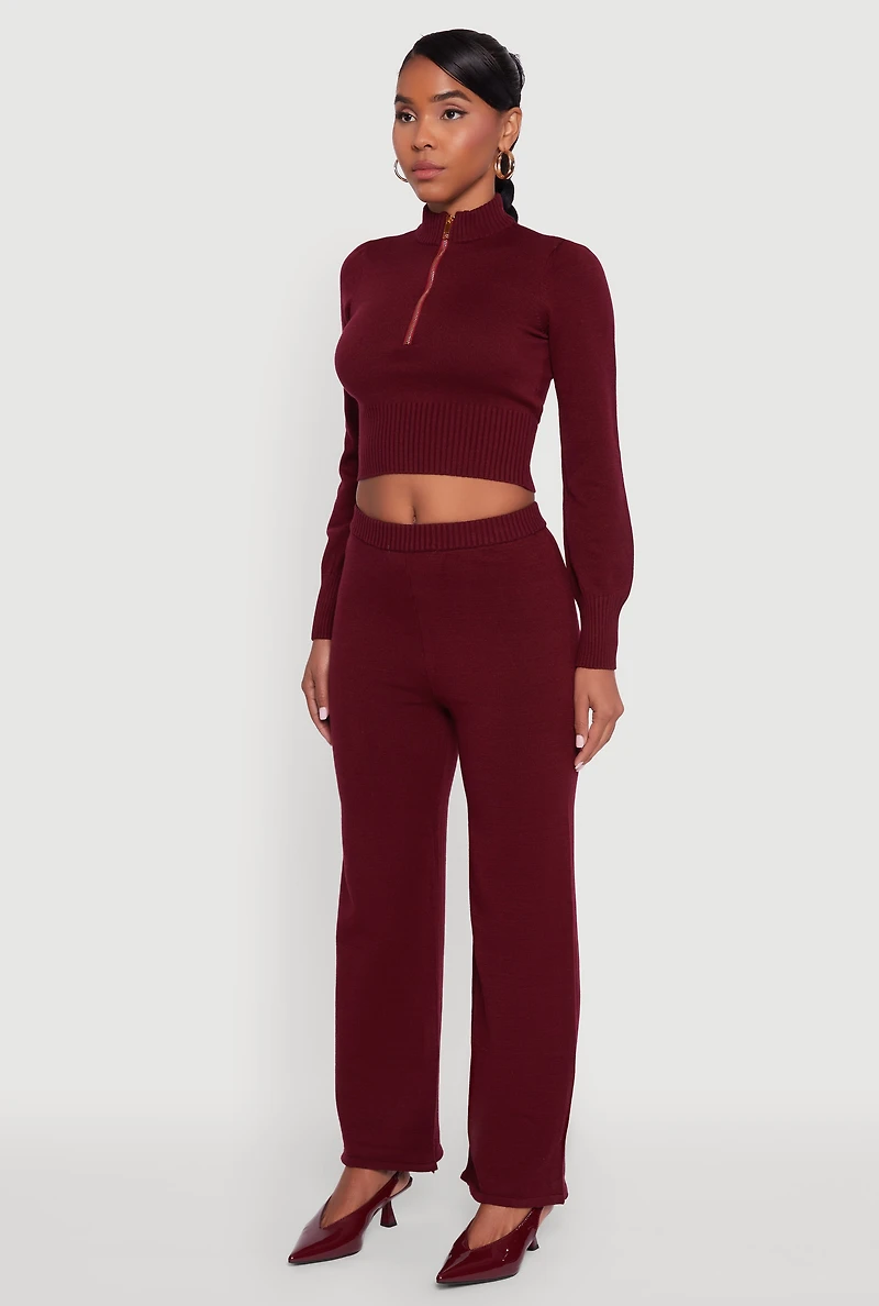 Womens Mock Neck Half Zip Long Sleeve Cropped Sweater, Burgundy, Size L