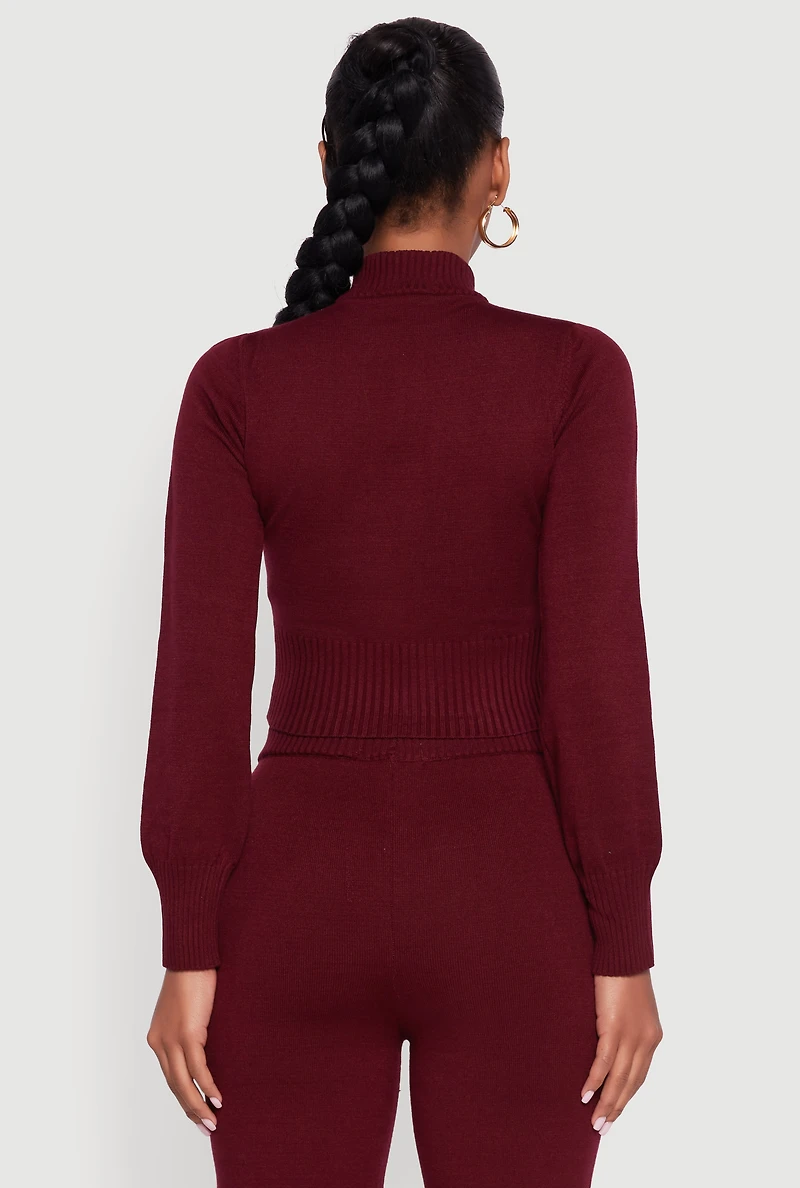 Womens Mock Neck Half Zip Long Sleeve Cropped Sweater, Burgundy,