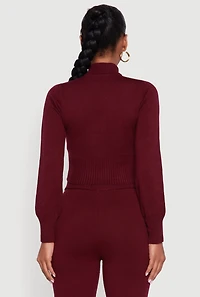 Womens Mock Neck Half Zip Long Sleeve Cropped Sweater, Burgundy,