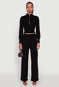Womens Rib Knit High Waisted Wide Leg Casual Pants, Black, Size M