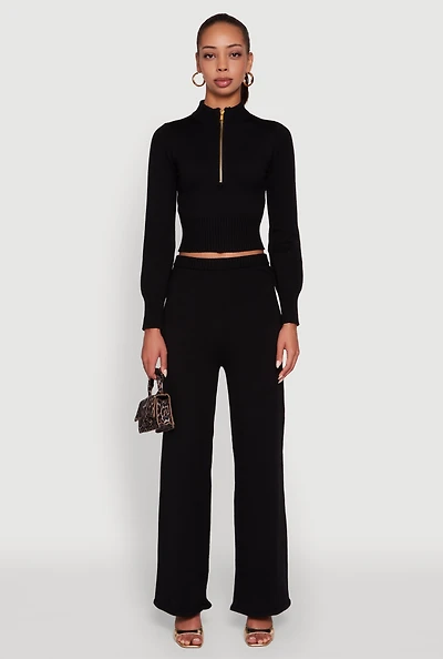 Rib Knit High Waisted Wide Leg Casual Pants