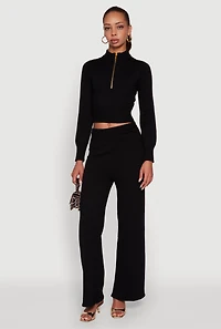 Womens Rib Knit High Waisted Wide Leg Casual Pants, Black, Size M