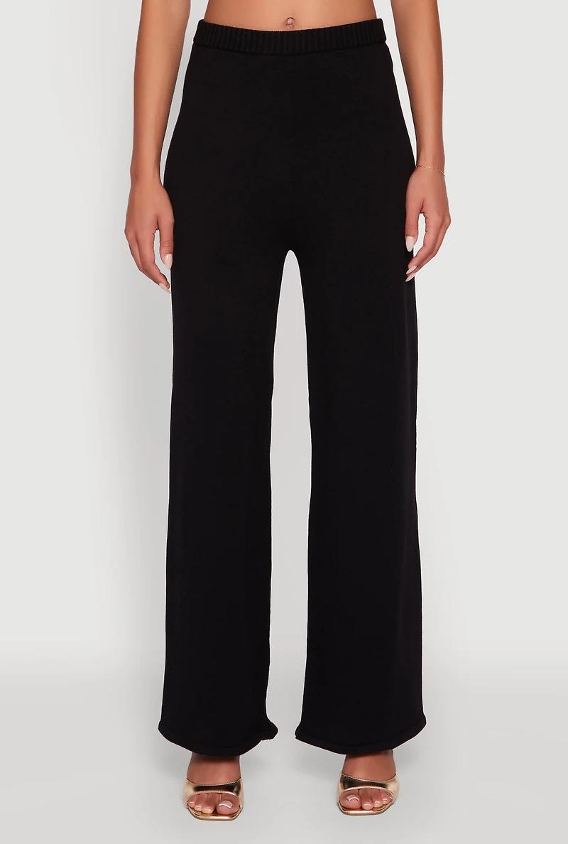 Womens Rib Knit High Waisted Wide Leg Casual Pants, Black, Size M