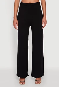 Womens Rib Knit High Waisted Wide Leg Casual Pants, Black, Size M