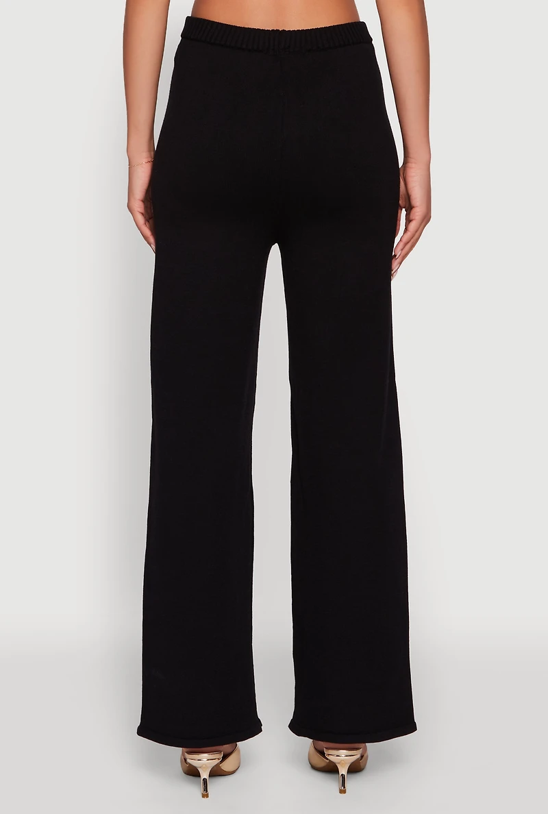 Womens Rib Knit High Waisted Wide Leg Casual Pants, Black, Size M