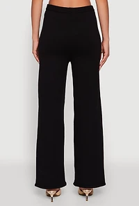 Womens Rib Knit High Waisted Wide Leg Casual Pants, Black, Size M