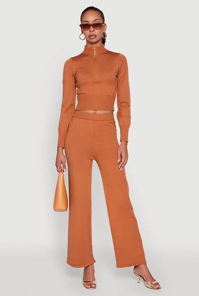 Rib Knit High Waisted Wide Leg Casual Pants