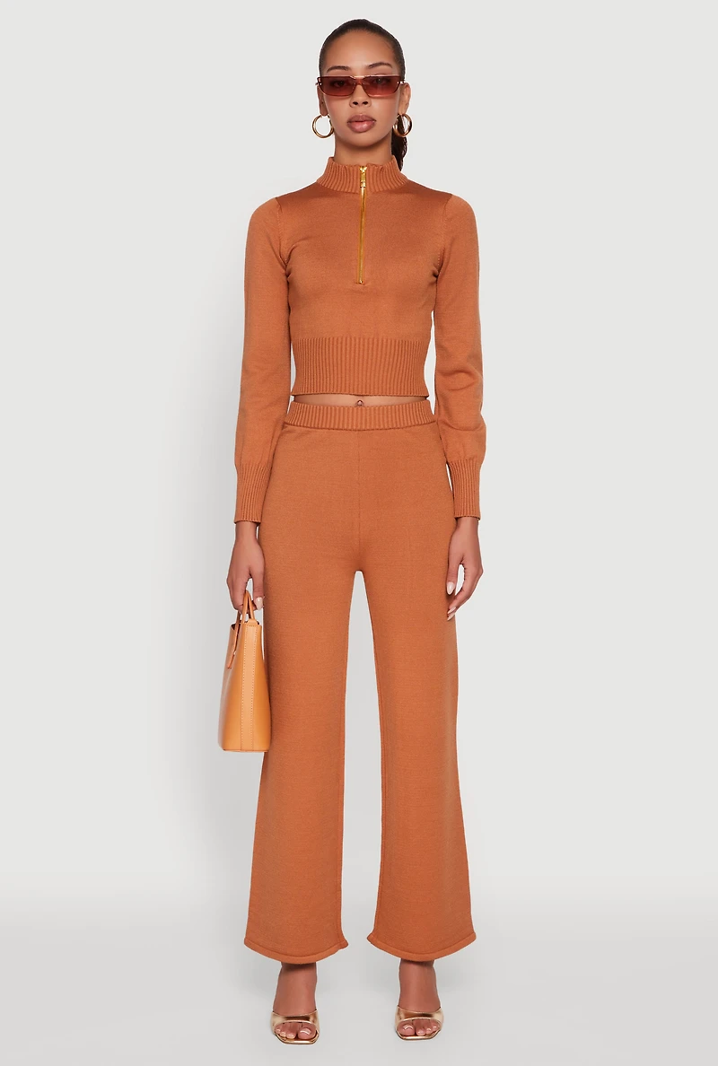 Rib Knit High Waisted Wide Leg Casual Pants