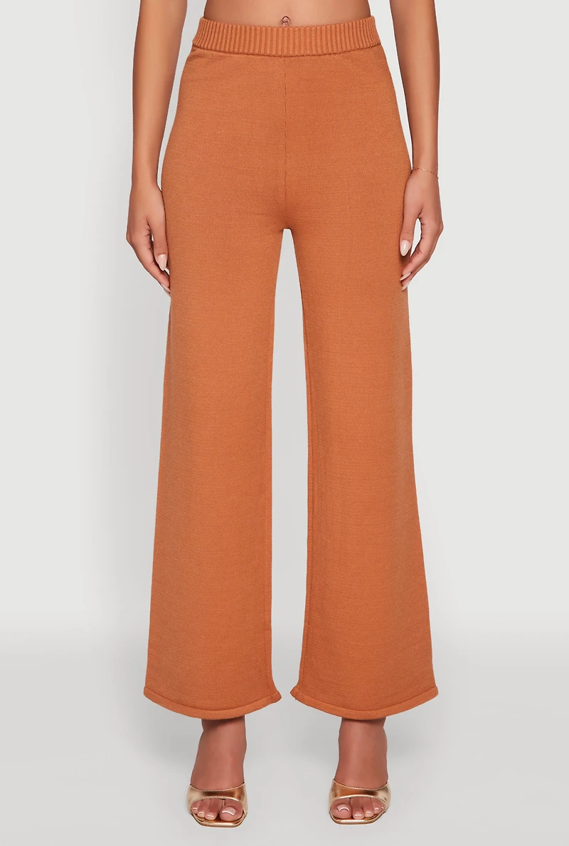 Rib Knit High Waisted Wide Leg Casual Pants