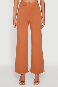 Rib Knit High Waisted Wide Leg Casual Pants