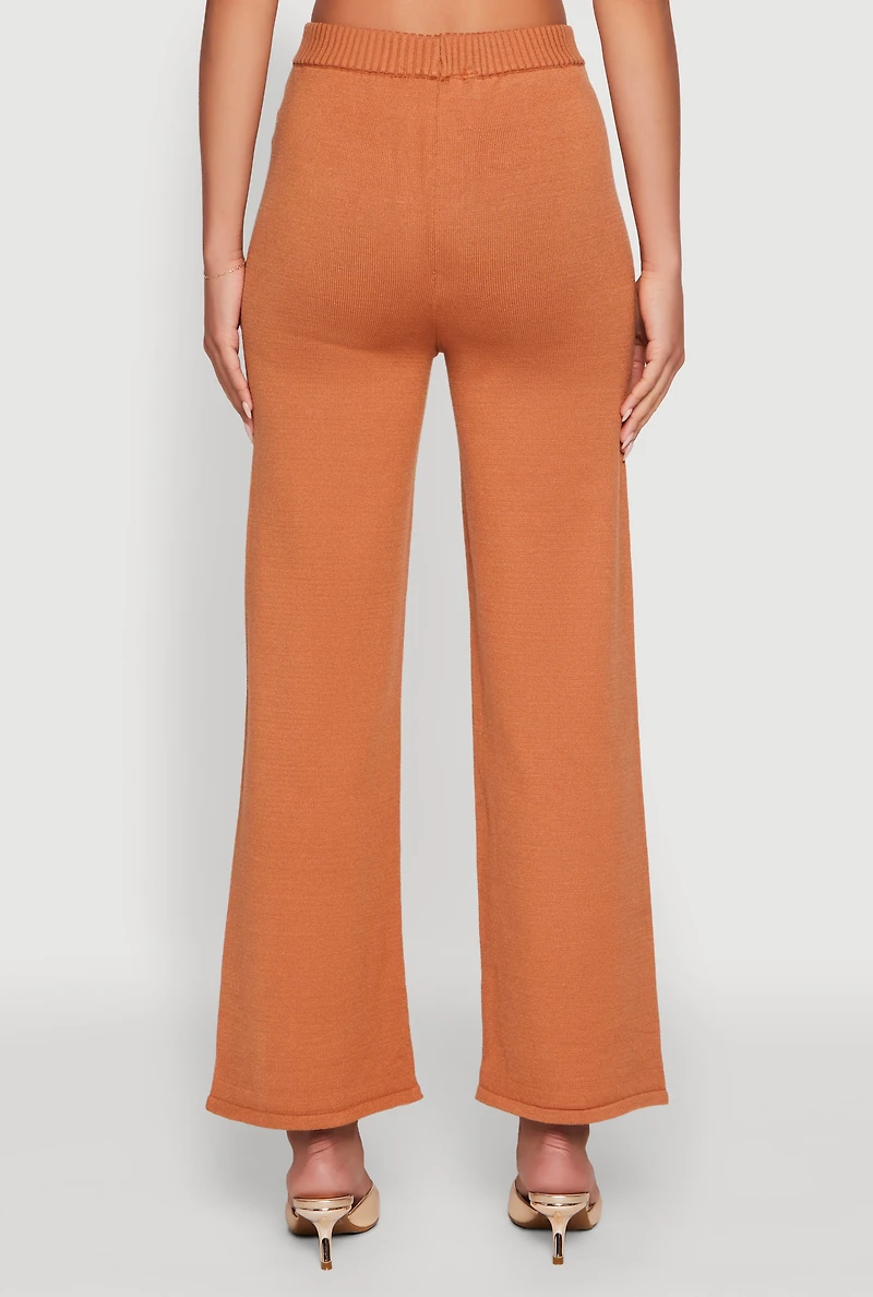 Rib Knit High Waisted Wide Leg Casual Pants