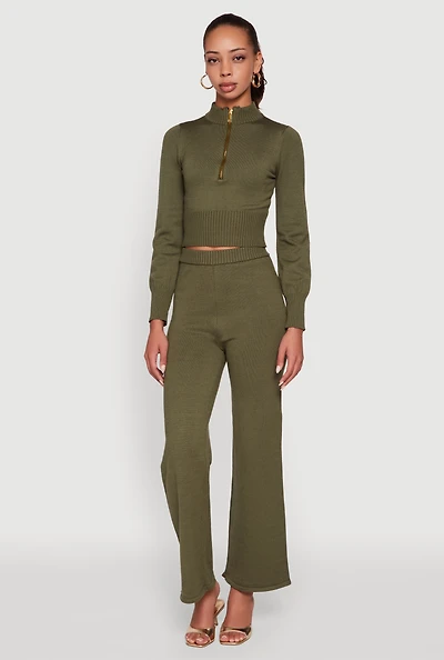 Rib Knit High Waisted Wide Leg Casual Pants