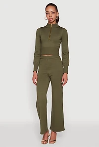 Rib Knit High Waisted Wide Leg Casual Pants