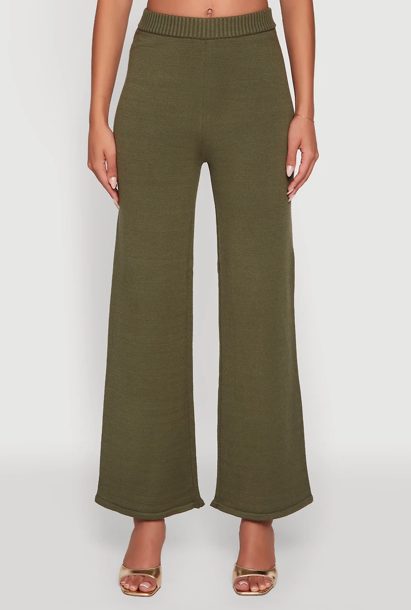 Rib Knit High Waisted Wide Leg Casual Pants