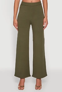 Rib Knit High Waisted Wide Leg Casual Pants