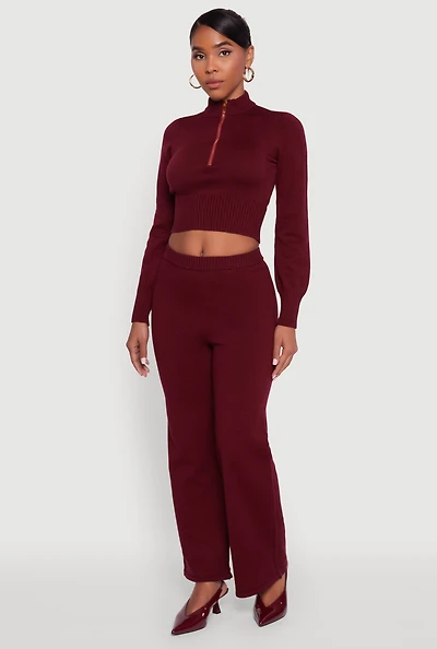 Womens Rib Knit High Waisted Wide Leg Casual Pants,