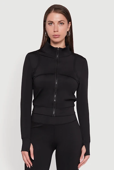 Womens Mock Neck Long Sleeve Activewear Jacket with Thumb Holes,