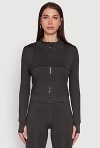 Womens Mock Neck Long Sleeve Activewear Jacket with Thumb Holes, Grey, Size S