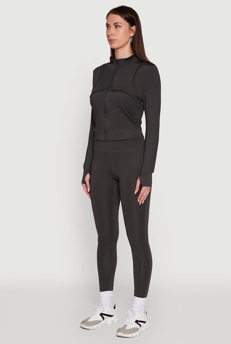 Womens Mock Neck Long Sleeve Activewear Jacket with Thumb Holes, Grey, Size S