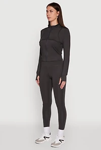 Womens Mock Neck Long Sleeve Activewear Jacket with Thumb Holes, Grey, Size S