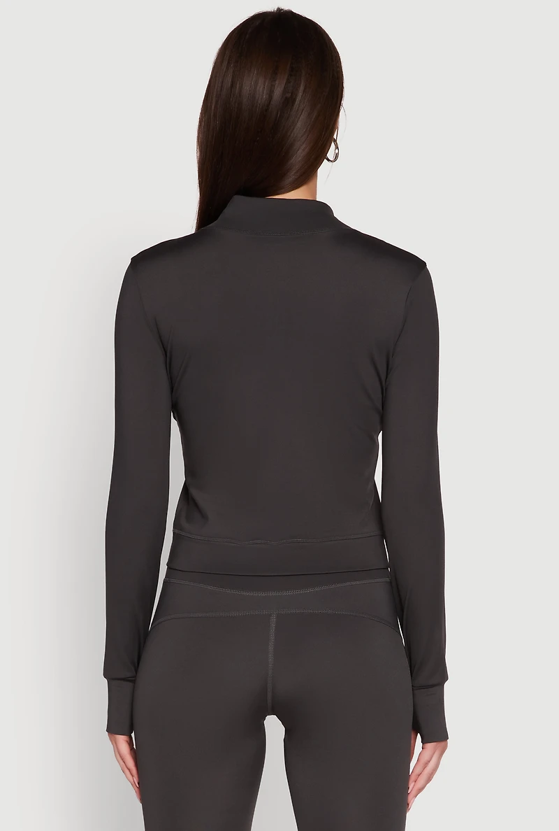 Womens Mock Neck Long Sleeve Activewear Jacket with Thumb Holes, Grey, Size S