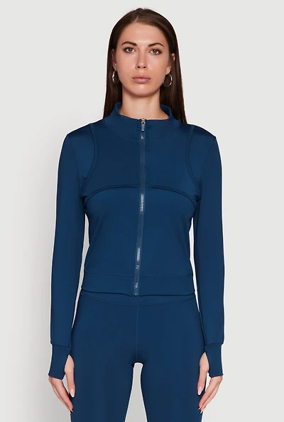 Womens Mock Neck Long Sleeve Activewear Jacket with Thumb Holes, Blue, Size S