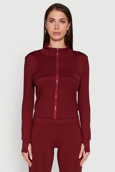 Womens Mock Neck Long Sleeve Activewear Jacket with Thumb Holes, Burgundy, Size L