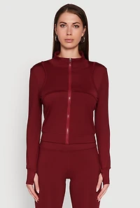 Womens Mock Neck Long Sleeve Activewear Jacket with Thumb Holes, Burgundy, Size L