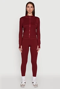 Womens Mock Neck Long Sleeve Activewear Jacket with Thumb Holes, Burgundy, Size L