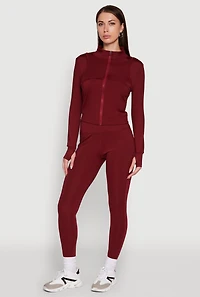 Womens Mock Neck Long Sleeve Activewear Jacket with Thumb Holes, Burgundy, Size L