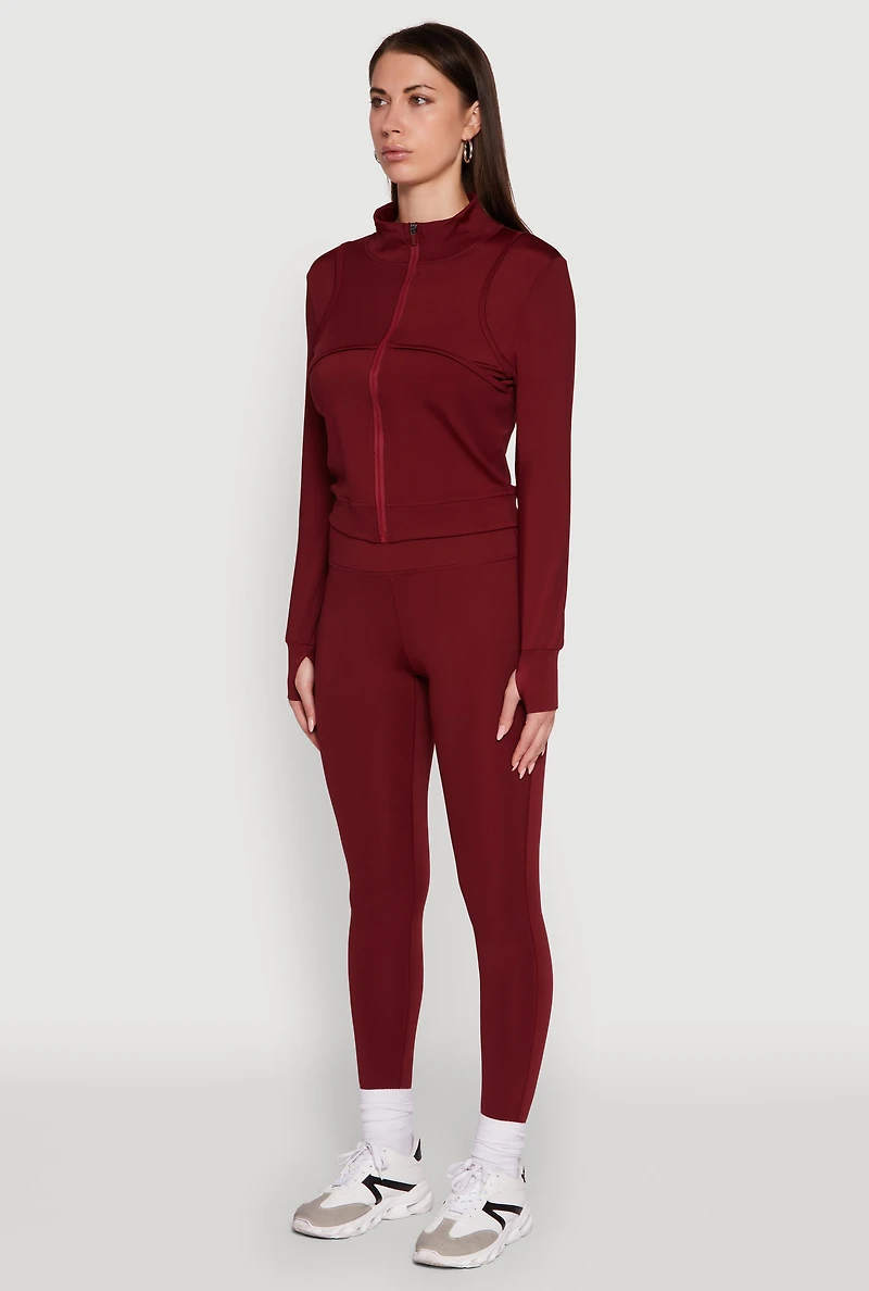Womens Mock Neck Long Sleeve Activewear Jacket with Thumb Holes, Burgundy, Size L
