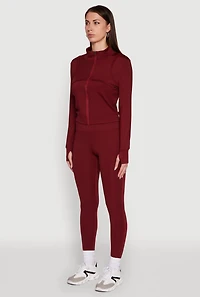 Womens Mock Neck Long Sleeve Activewear Jacket with Thumb Holes, Burgundy, Size L