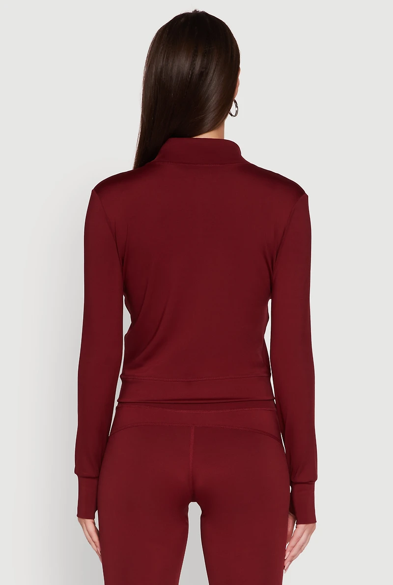 Womens Mock Neck Long Sleeve Activewear Jacket with Thumb Holes, Burgundy, Size L