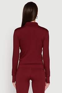 Womens Mock Neck Long Sleeve Activewear Jacket with Thumb Holes, Burgundy, Size L