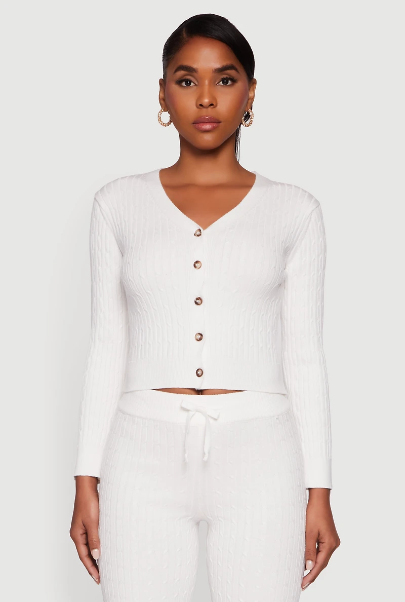 Cable Knit Cropped Button Front Cardigan