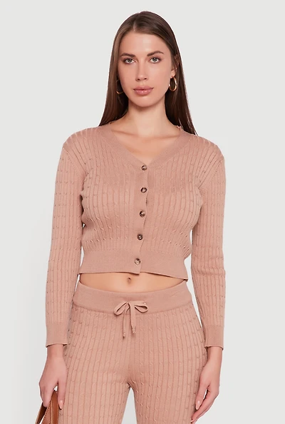 Womens Cable Knit Cropped Button Front Cardigan,