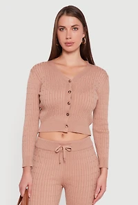 Cable Knit Cropped Button Front Cardigan