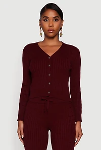 Womens Cable Knit Cropped Button Front Cardigan, Burgundy, Size M