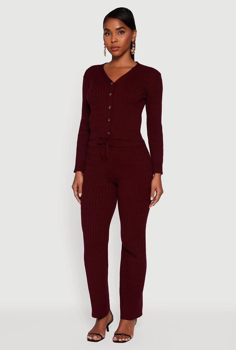 Womens Cable Knit Cropped Button Front Cardigan, Burgundy, Size M