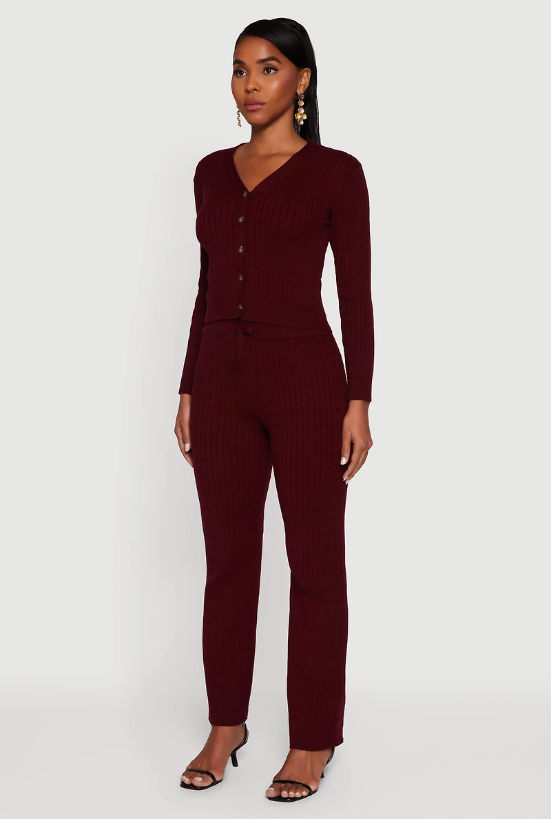 Womens Cable Knit Cropped Button Front Cardigan, Burgundy, Size M