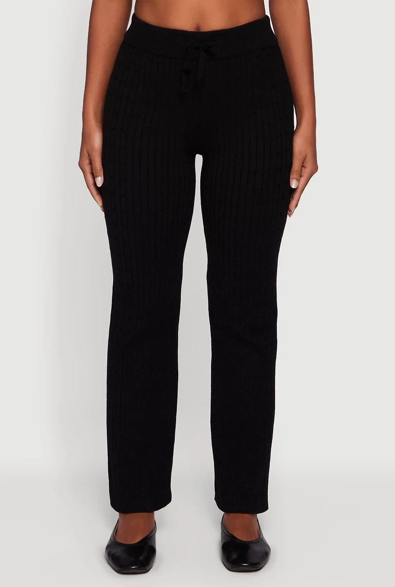 Womens Cable Knit Drawstring Waist Slim Leg Pants, Black,