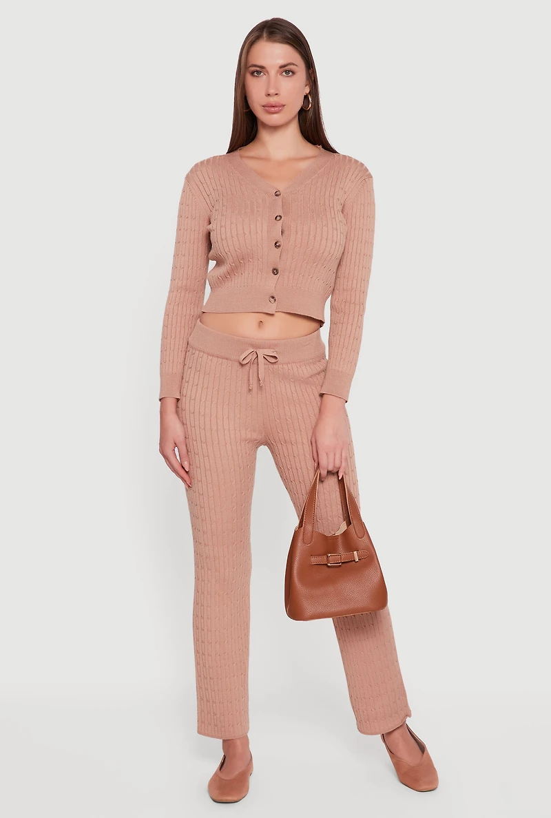 Womens Cable Knit Drawstring Waist Slim Leg Pants, Khaki,
