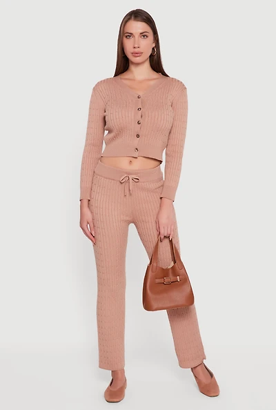 Womens Cable Knit Drawstring Waist Slim Leg Pants, Khaki,